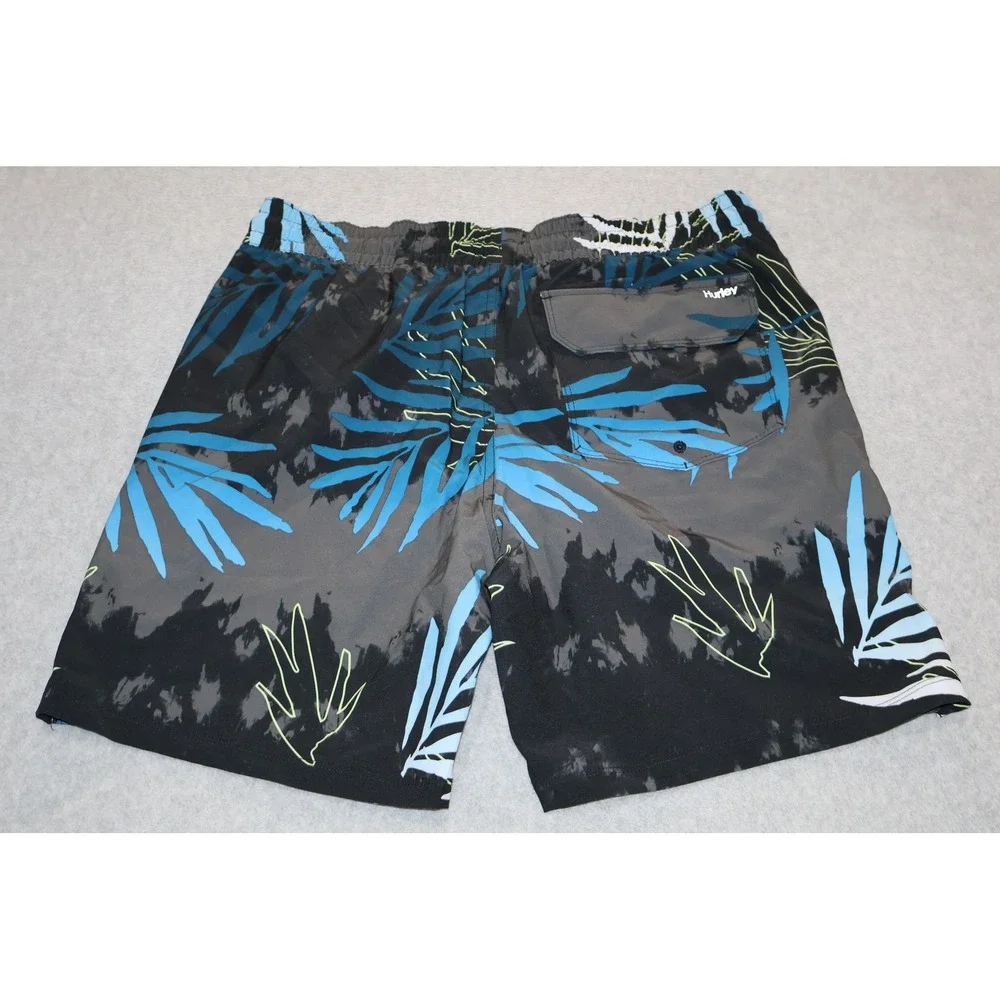Hurley Swim Trunks Mens Medium Black Gray Blue Tie Dye Palm Leaf Board Shorts